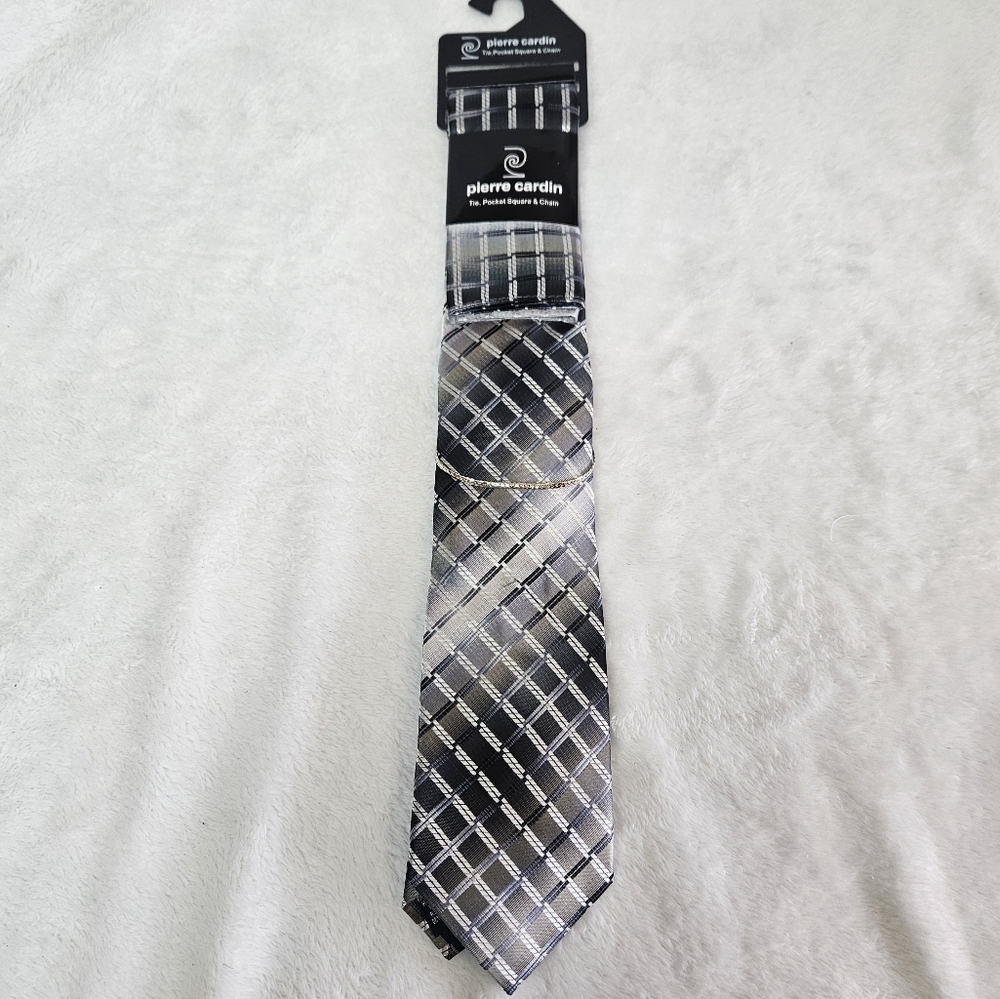 NEW Pierre Cardin Neck Tie Pocket Square & Chain Silver Black Gray Stripes Boxes